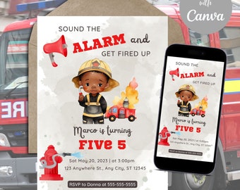 Invitación de cumpleaños de bombero: Fiesta de niño negro, diseño rojo (Plantilla de Canva, descarga digital)
