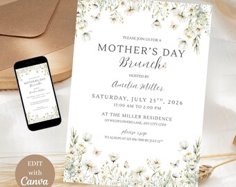 Invitación para brunch del Día de la Madre, elegantes flores silvestres blancas, plantilla editable (descarga digital)