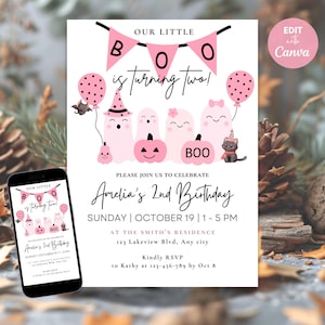Pink Ghost Halloween Birthday Invitation: Spooky Girl Party (Digital Download)