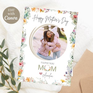 Tarjeta editable del Día de la Madre Feliz con imagen, tarjeta personalizada del día de la madre con foto, tarjeta floral de mamá, descarga instantánea, Te amo mamá