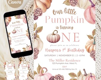 May include: A fall-themed invitation and gift tags with a pumpkin design. The invitation reads "Our little Pumpkin is turning ONE" with details for Harper's 1st Birthday. The gift tags say "Thank you" and "for celebrating my birthday".