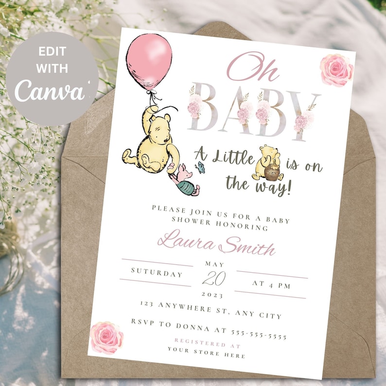 Winnie the Pooh Baby Shower Invitation, Classic Winnie the Pooh Digital Download, Pooh Bear