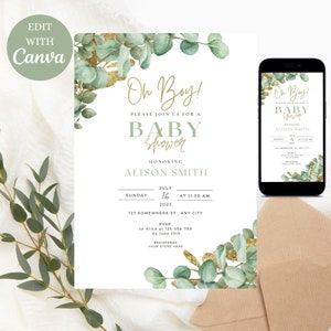 Greenery boy baby shower invitation bundle, green and gold baby shower, EDITABLE eucalyptus invite, canva template, instant download