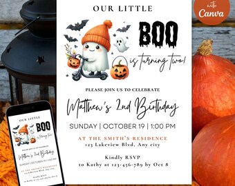 May include: A Halloween-themed birthday invitation with the text "Our Little Boo is turning two!" A cartoon ghost in an orange hat rides a scooter. The invitation includes the date, time, and location of the party.