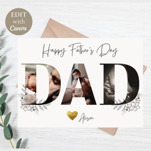 Cartão de Dia dos Pais com foto, cartão de pai personalizado editável e imprimível com foto, modelo de cartão, download instantâneo do Canva