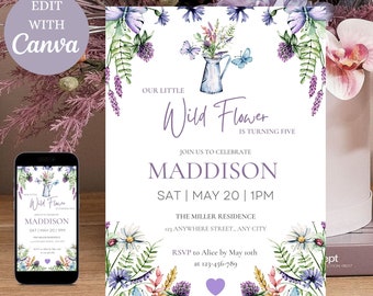 May include: A purple and white birthday invitation with a watercolor illustration of wildflowers in a watering can. The text reads "Our Little Wild Flower is turning five. Join us to celebrate Maddison. Sat | May 20 | 1PM. The Miller Residence 123 Anywhere Street, Any City. RSVP to Alice by May 10th at 123-456-789."