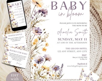 May include: A baby shower invitation with a watercolor floral design in shades of purple, yellow, and green. The invitation reads "Baby in Bloom" and includes the name Amelia Smith, the date Sunday, May 11, and the time 1:00 in the afternoon. The invitation also includes the location, The Grand Hotel, 123 Any Street, Any City, and the RSVP information.