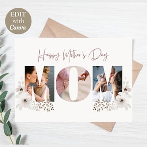 Tarjeta del Día de la Madre con imagen, Editable, imprimible, tarjeta floral personalizada para mamá con foto, plantilla de tarjeta, descarga instantánea de canva