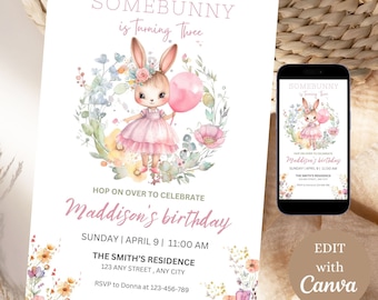 Invitación de cumpleaños con diseño de conejito floral: Plantilla editable (Descarga digital, tamaño 5x7/Smartphone)