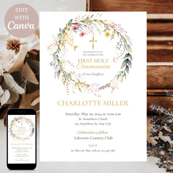 Floral Gold First Holy Communion Editable Invitation, Rustic Wild Flowers, Girl First Communion Invitation template, INSTANT Download
