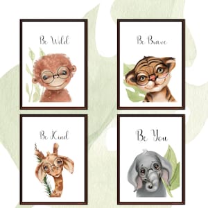 Safari Animals with Glasses Prints: Neutral Nursery Decor (Digital Download)