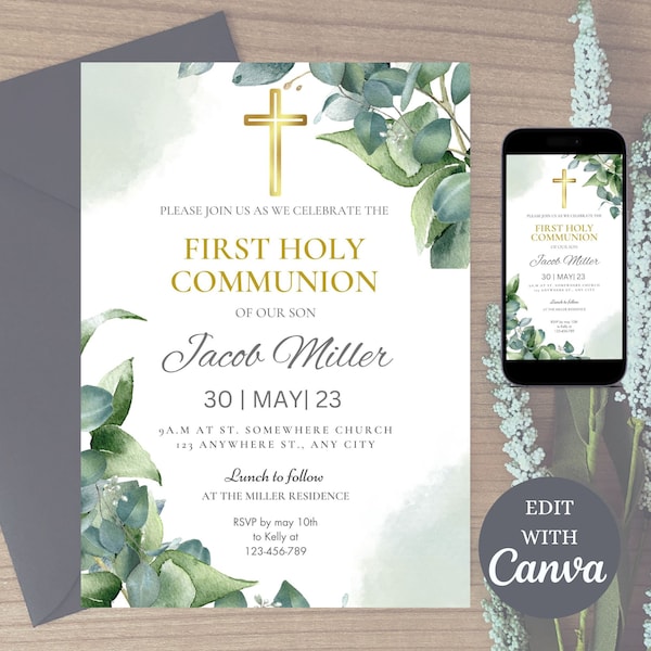 Gold Green First Holy Communion Invitation Template, Editable Greenery First Communion Invite, gender neutral invite, Canva INSTANT Download