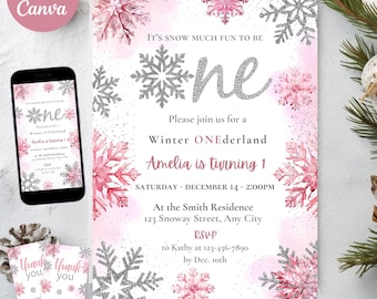 Invitación editable de Winter on the Land, invitación de invierno rosa y plateado, plantilla para primer cumpleaños de niña con copos de nieve, descarga instantánea