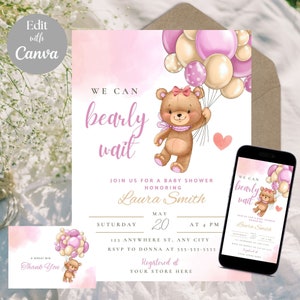 pink Teddy bear baby shower invitation template, we can bearly wait baby shower invitation girl, bear with balloons baby shower download