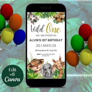 Wild One Safari Einladung zum Geburtstag: Dschungeltiere (Canva Vorlage, digitaler Download)