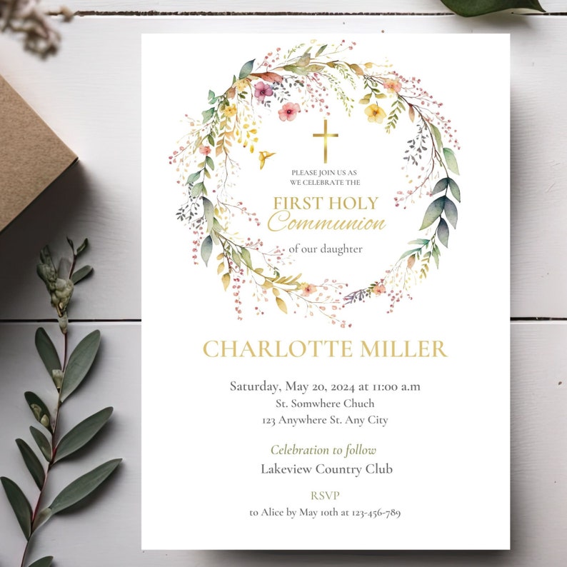 First Holy Communion Invitation Template, Rustic Pink Flowers