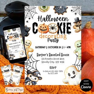 May include: A Halloween Cookie Decorating Party invitation with a pumpkin and spiderweb cookie design. The invitation includes the date, time, and location. Bonus gift tags are also shown.