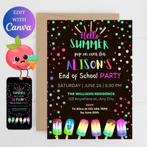 Summer birthday party invitation, end of school party invite, colorful popsicle birthday, school&#39;s out party evite, canva template