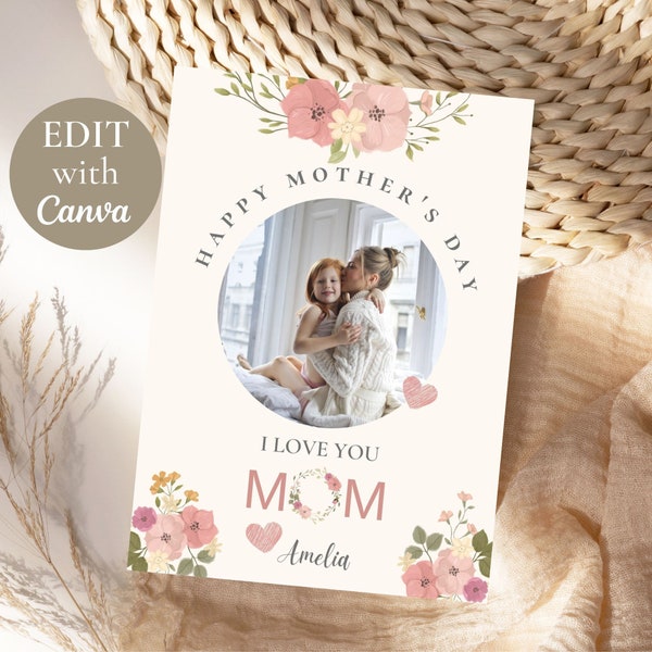 Editable floral Mother's day card with picture | personalized mother's day card with photo, happy mother's day card template, printable card