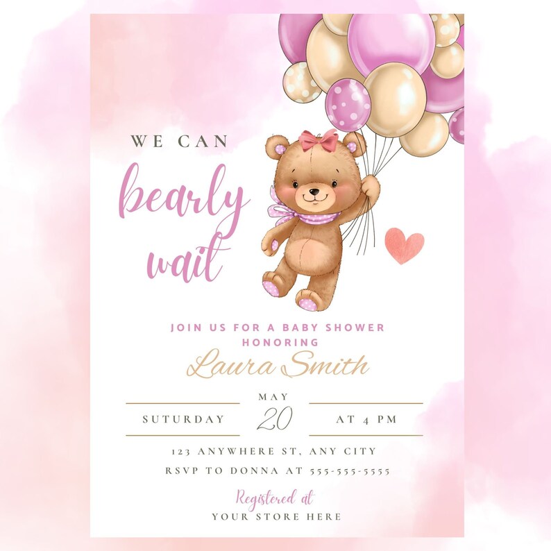Pink Teddy Bear Baby Shower Invitation: We Can Bearly Wait (digital ...