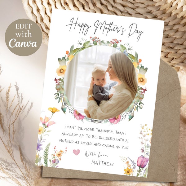 Editable Happy Mother's Day card with photo and message, floral mother's day card, Personalized mother's day card with picture, wild flowers