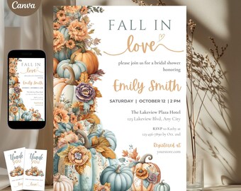 Puede incluir: Una invitación a una despedida de soltera con temática otoñal. La invitación presenta calabazas de acuarela en tonos naranja, azul y blanco, con acentos florales. El texto dice "Fall in Love" e incluye los detalles del evento.