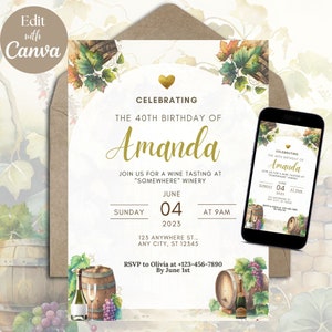 Winery Birthday or Anniversary Phone Evite+Printable Invite 40,50,60th birthday invite, wine tour, wine lover ANY OCCASION Editable template