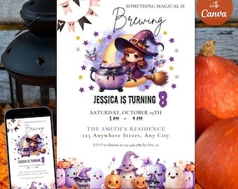 Può includere: Un invito a una festa di Halloween viola e dorato con una strega dei cartoni animati che tiene un calderone. Il testo recita "Something Magical is Brewing Jessica is Turning 8 Saturday, October 19th 1 PM - 4 PM The Smith's Residence 123 Anywhere Street, Any City RSVP to Donna at 123-456-789 by Oct. 10"