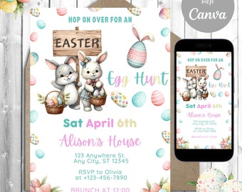 Puede incluir: Una invitación a una búsqueda de huevos de Pascua con un esquema de color rosa y azul. La invitación presenta dos conejos que sostienen cestas de huevos y el texto "HOP ON OVER FOR AN EASTER EGG HUNT". La invitación también incluye la fecha, la hora y la ubicación del evento.