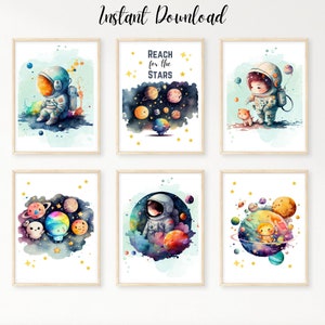 Watercolor Space Prints: Astronaut Nursery Art (Digital Download)
