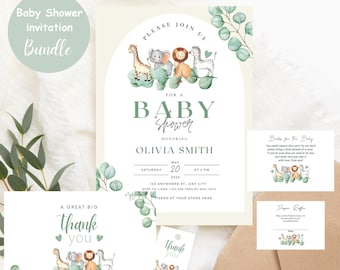 Safari Baby Shower Invitation Bundle: Gender Neutral Jungle Theme (Editable Canva Template)