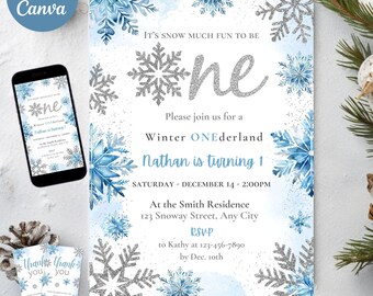 May include: A blue and silver snowflake-themed invitation for a first birthday party. The invitation says "It's snow much fun to be one" and "Please join us for a Winter ONEderland, Nathan is turning 1". The party is on Saturday, 14th December at 2:00 PM at the Smith Residence, 123 Snoway Street, Any City. RSVP to Kathy at 123-456-7890 by 10th December.