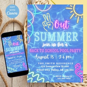 Puede incluir: Una invitación a una fiesta en la piscina de regreso a la escuela con un fondo de agua azul, texto de neón y una ilustración de flamenco. La invitación en el teléfono y el papel dice "Out SUMMER" e incluye detalles de la fiesta: 15 de agosto, 2-6 pm.