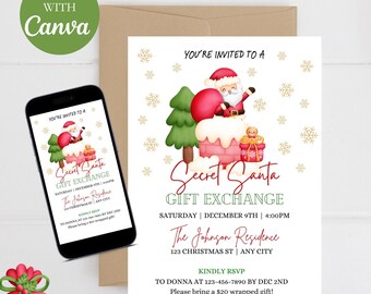 Può includere: Un invito festivo per uno scambio di regali Secret Santa. L'invito presenta un Babbo Natale dei cartoni animati che scende da un camino con un sacco rosso di regali. Il testo recita "Sei invitato a uno scambio di regali Secret Santa, sabato 9 dicembre, 16:00, The Johnson Residence, 123 Christmas St, Any City. Si prega di confermare la propria presenza a Donna al 123-456-7890 entro il 2 dicembre. Porta un regalo avvolto da 20 €!"