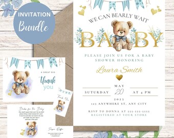 Paquete de invitaciones para baby shower con osito de peluche: tema azul (descarga digital)