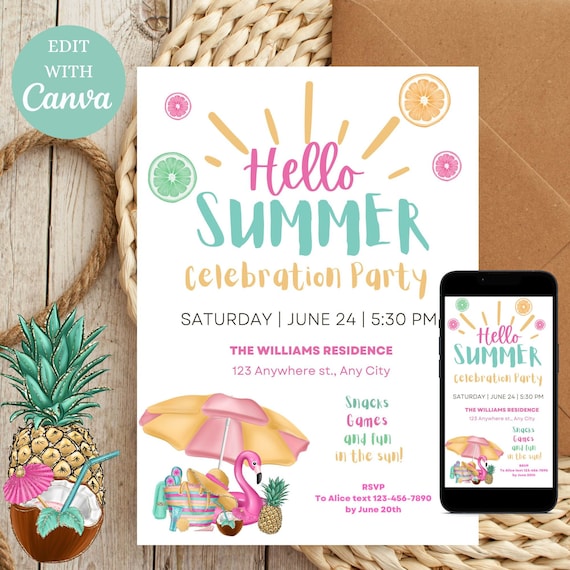 Pink Flamingo Summer Party Invitation: Editable Canva Template (Digital Download)