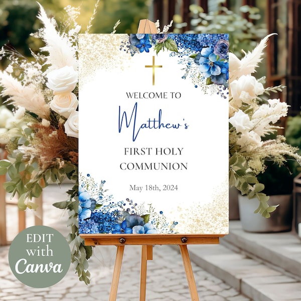 Blue and Gold Editable First Holy Communion welcome sign, boy first communion, blue floral welcome poster, welcome sign template