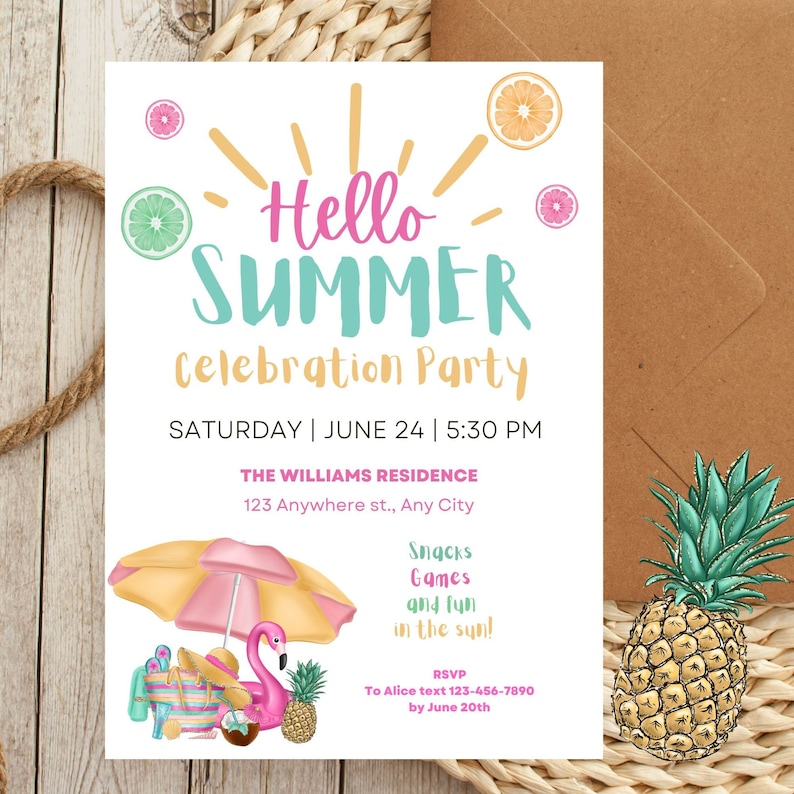Puede incluir: Una tarjeta de invitaci&oacute;n blanca con texto rosa y turquesa "Hello Summer Celebration Party". La tarjeta presenta una pi&ntilde;a, un flotador de flamenco y una sombrilla de playa con accesorios de playa. El texto incluye la fecha, la hora, la ubicaci&oacute;n y la informaci&oacute;n de RSVP.
