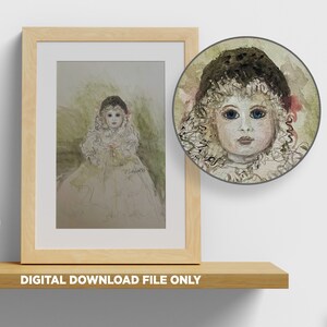 May include: Watercolor painting of a young girl wearing a white dress with lace trim and a pink flower in her hair. The girl has blue eyes and a serious expression. The background is a soft green.