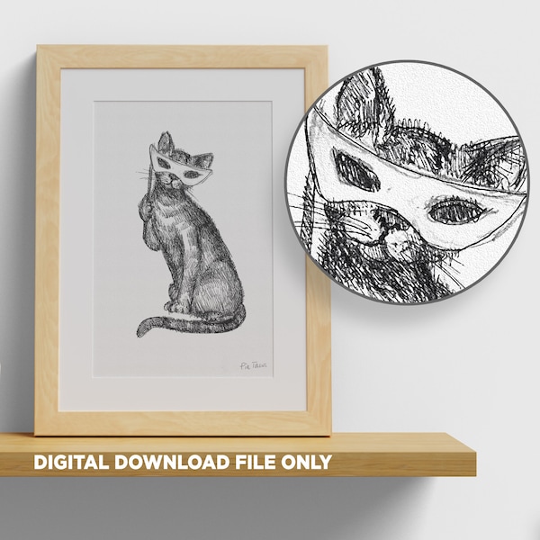 Ink Sketch, Digital File - Masked Cat (Katze mit Maske)