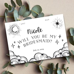 Serez-vous ma carte de demoiselle d'honneur, modèle modifiable, sorcière, carte de tarot, planche Ouija, proposition de demoiselle d'honneur, mariage unique, fête nuptiale, 5x7in