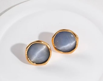 Blue opal stud earrings, Opal studs, Gold opal earrings, Opal earrings stud, Cat eye earrings, Opal earrings gold, Blue opal earrings