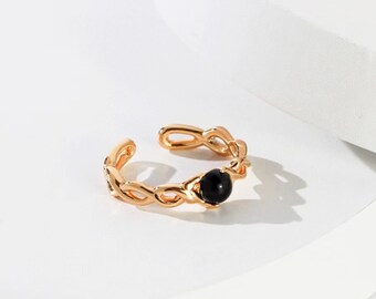 Black Agate Open Ring • Minimalist Sterling Silver Ring • Vintage Gold Ring • Adjustable Ring • Perfect Gift For Her• US 7 ~ US 8