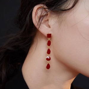 Burgundy earrings, Wine red earrings, Vintage red earrings, Long earrings, Red dangle earrings, Red drop earrings, Chain earrings, Thread image 1