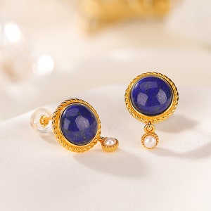 100% Natural Lapis Lazuli stud earrings, Real Lapis Lazuli earrings Gold Lapis earrings gold, Lapis earrings Lapis jewelry Gemstone earrings image 7
