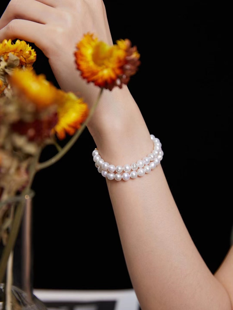 Double line real pearl bracelet, Dainty pearl bracelet, Bridesmaid gift, Freshwater bracelet Simple bracelet, Mothers day gift, Wedding gift image 1