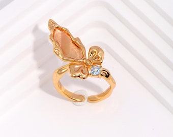 Vintage gold butterfly open ring made with Zircon, Silver butterfly ring, Butterfly jewelry, Adjustable ring, Gold butterfly rings, 18k gold