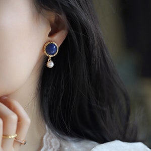 100% Natural Lapis Lazuli stud earrings, Real Lapis Lazuli earrings Gold Lapis earrings gold, Lapis earrings Lapis jewelry Gemstone earrings image 8