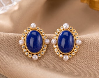 Boucles d'oreilles Lapis lazuli naturelles avec perle, Boucles d'oreilles Blue Lapis, Boucles d'oreilles Lapis lazuli stud, Boucles d'oreilles Lapis stud, Boucles d'oreilles bleu royal or