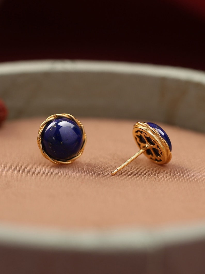 100% Natural Lapis Lazuli stud earrings, Real Lapis Lazuli earrings Gold Lapis earrings gold, Lapis earrings Lapis jewelry Gemstone earrings image 4
